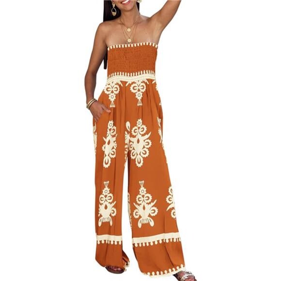 Pants - Women's Summer Boho Jumpsuit Spaghetti Strap Wide Leg Pants,  Brick Red